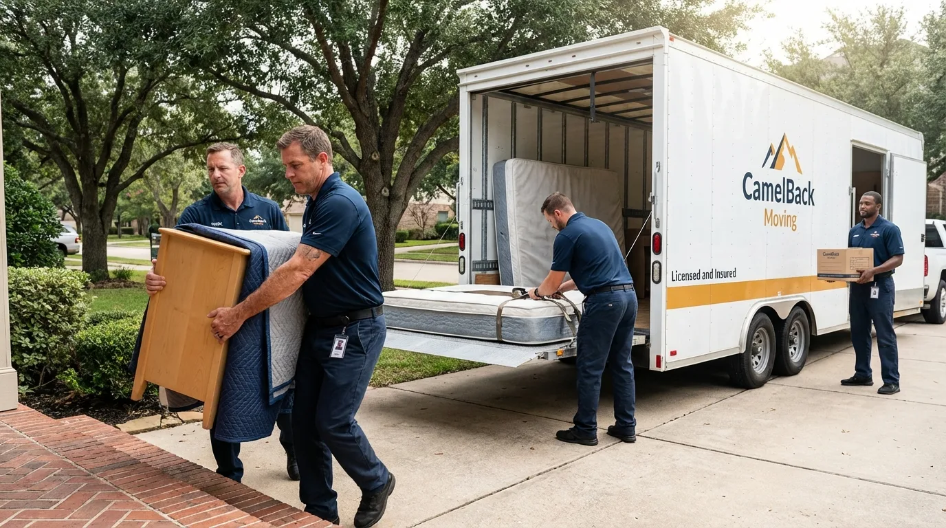 Crew loading residential truck for cross-state move from Rialto, CA