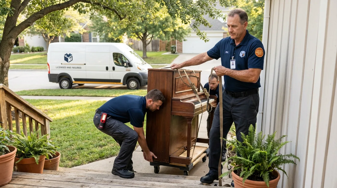 Licensed piano movers securing grand piano in Rialto, CA