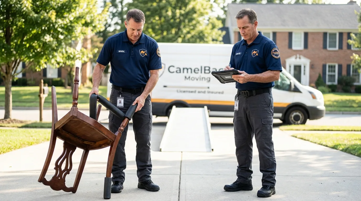 Movers inspecting furniture for damage prevention before loading in Rialto, CA