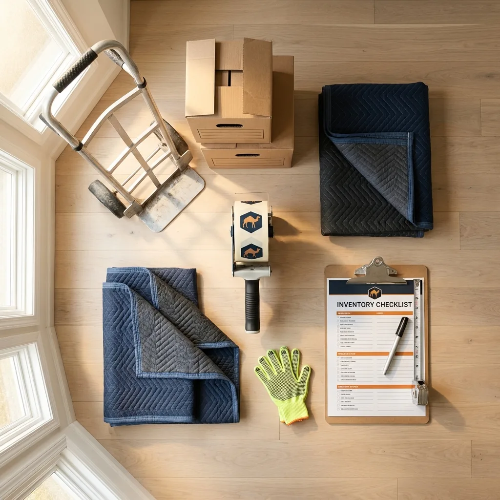 Professional moving supplies and packing materials layout for Rialto residential relocations